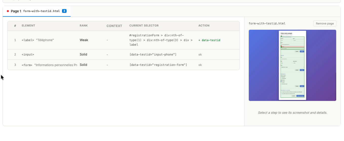 Tableau de résultats avec colonnes Element, Rank, Context, Current selector, Action. Trois lignes : un label en Weak, un input en Solid, un form en Solid